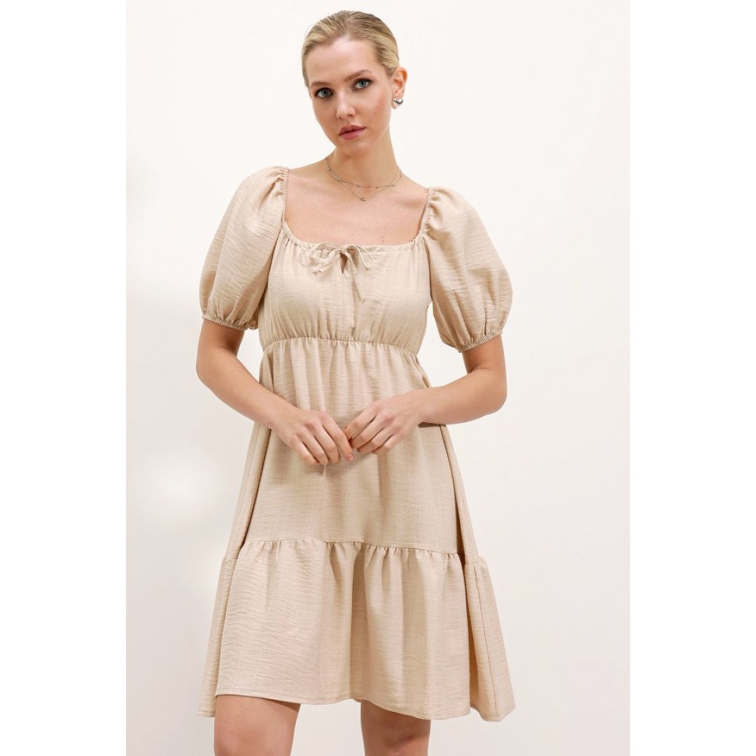 2351 Kloş Poplin Elbise - Krem 145113 2351 Kloş Poplin Elbise - Krem 145113