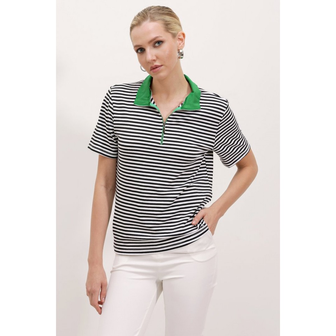Yeşil Polo Yaka Fermuarlı Çizgili Tişört 0497