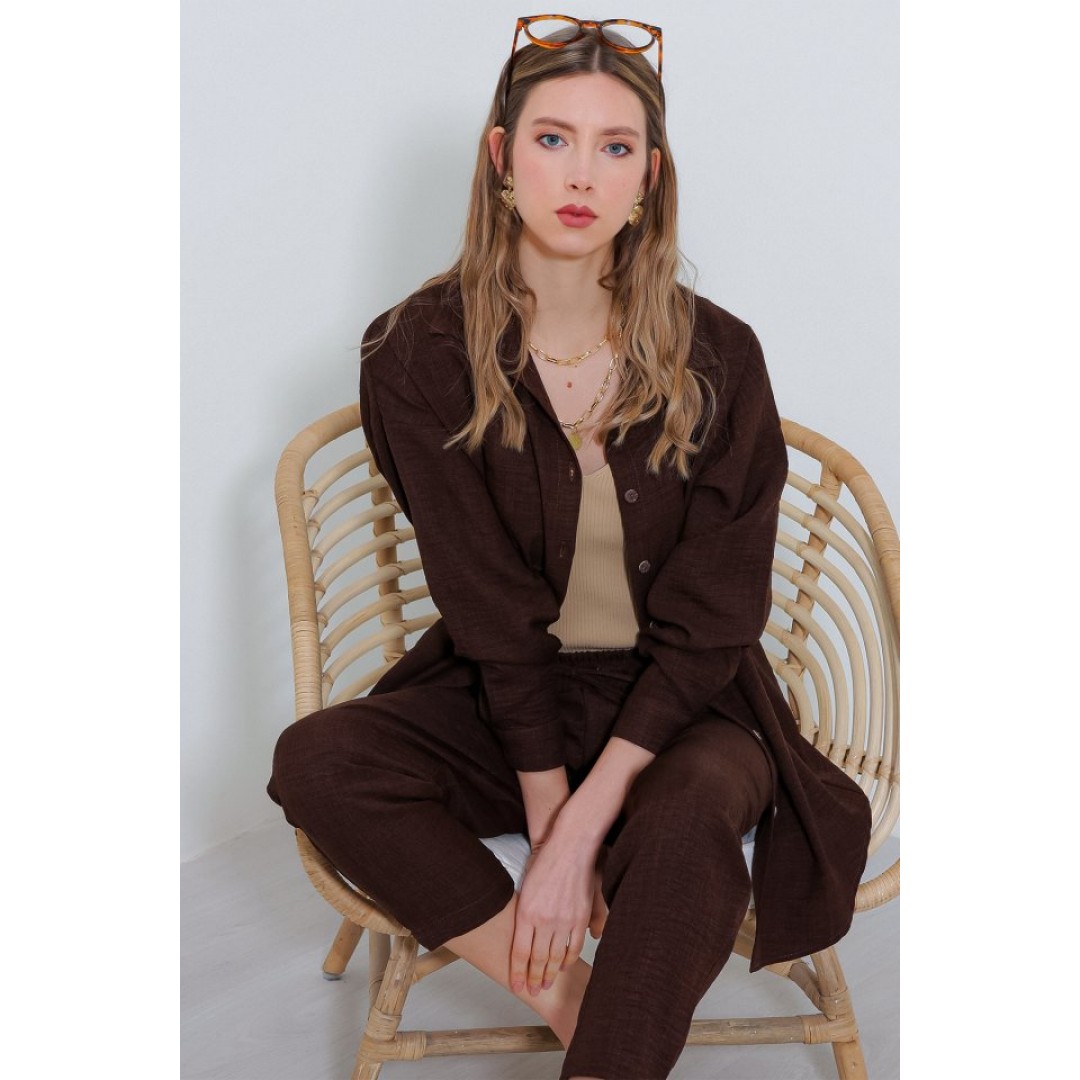 Kahverengi Oversize Keten Alt Üst Takım 6622