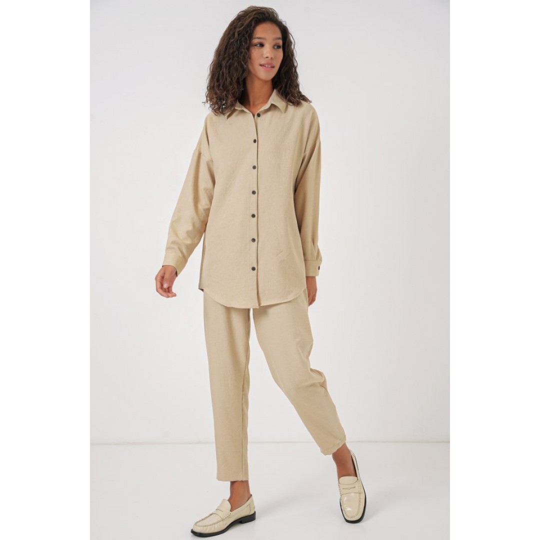 Bej Oversize Keten Alt Üst Takım 6622