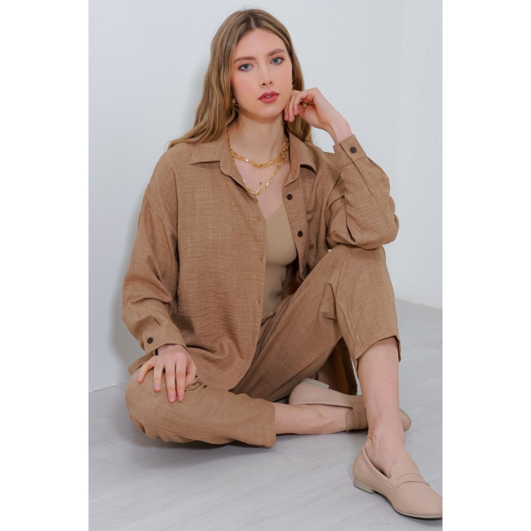 Camel Oversize Keten Alt Üst Takım 6622