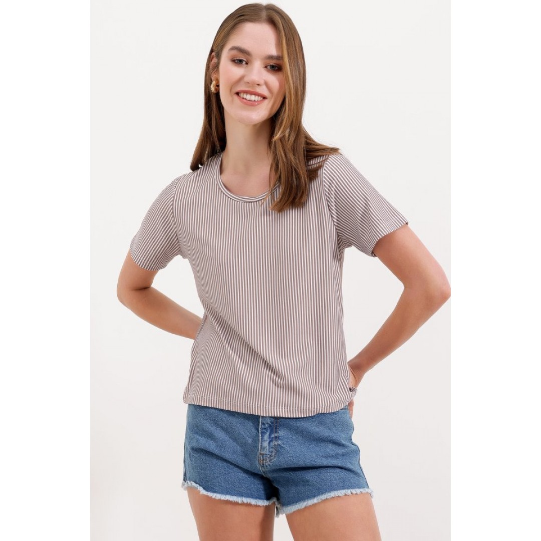 4313 Çizgili Basic Tişört - Kahverengi - 145158 4313 Çizgili Basic Tişört - Kahverengi - 145158