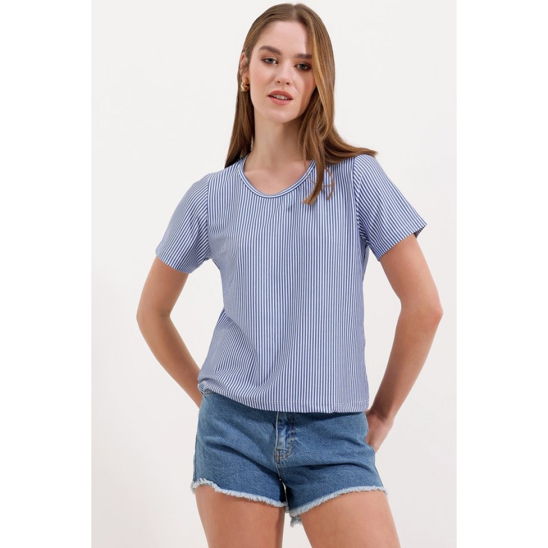 4313 Çizgili Basic Tişört - Mavi - 145159 4313 Çizgili Basic Tişört - Mavi - 145159