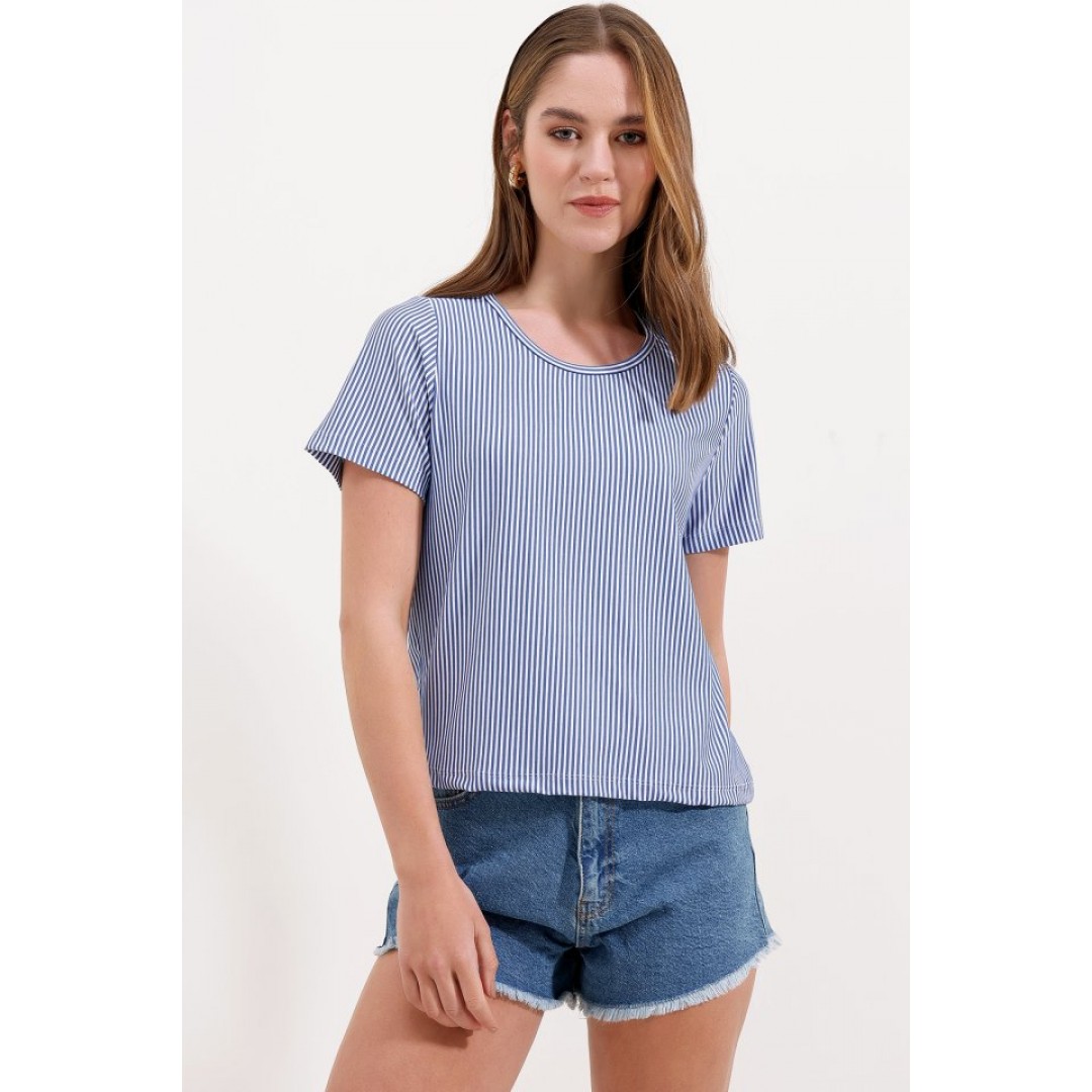 4313 Çizgili Basic Tişört - Mavi - 145159 4313 Çizgili Basic Tişört - Mavi - 145159