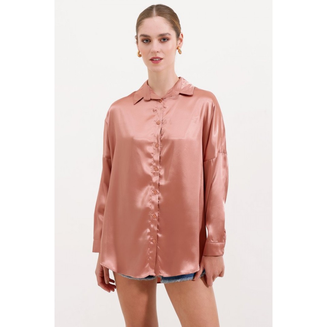 3985 Oversize Saten Gömlek - Camel 145164 3985 Oversize Saten Gömlek - Camel 145164