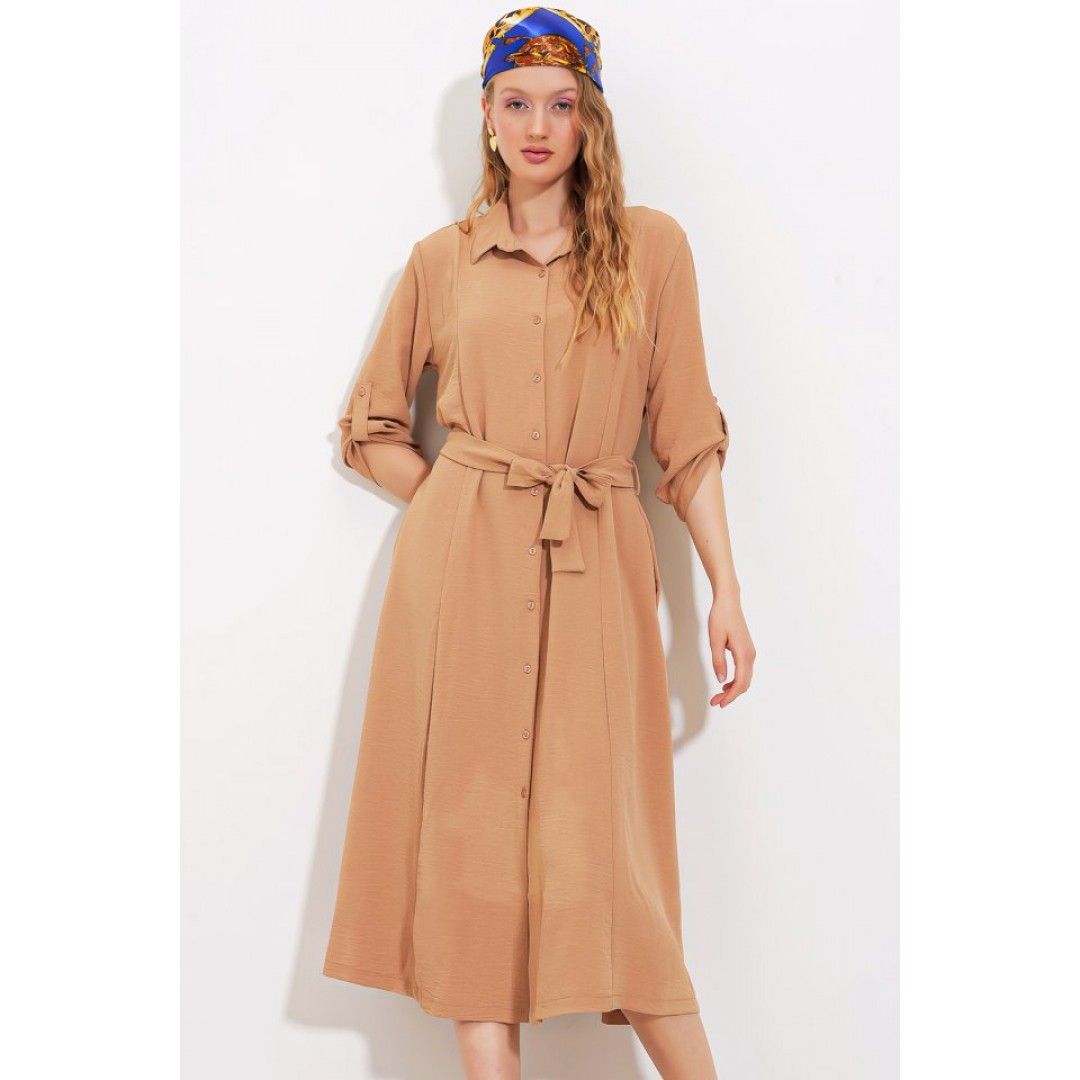 Camel Kuşaklı Gömlek Elbise 2442