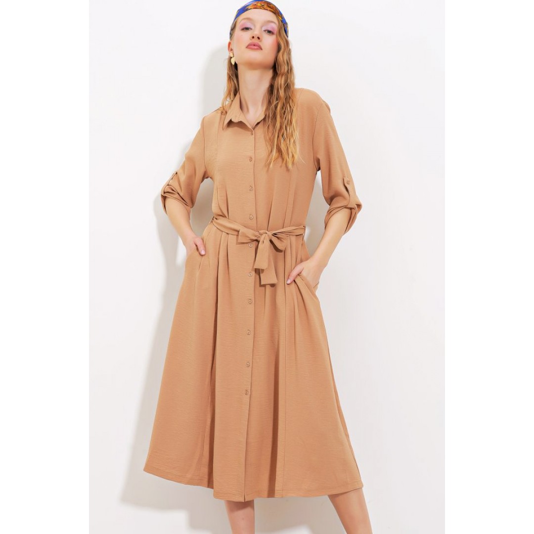 Camel Kuşaklı Gömlek Elbise 2442 - 145195 Camel Kuşaklı Gömlek Elbise 2442 - 145195