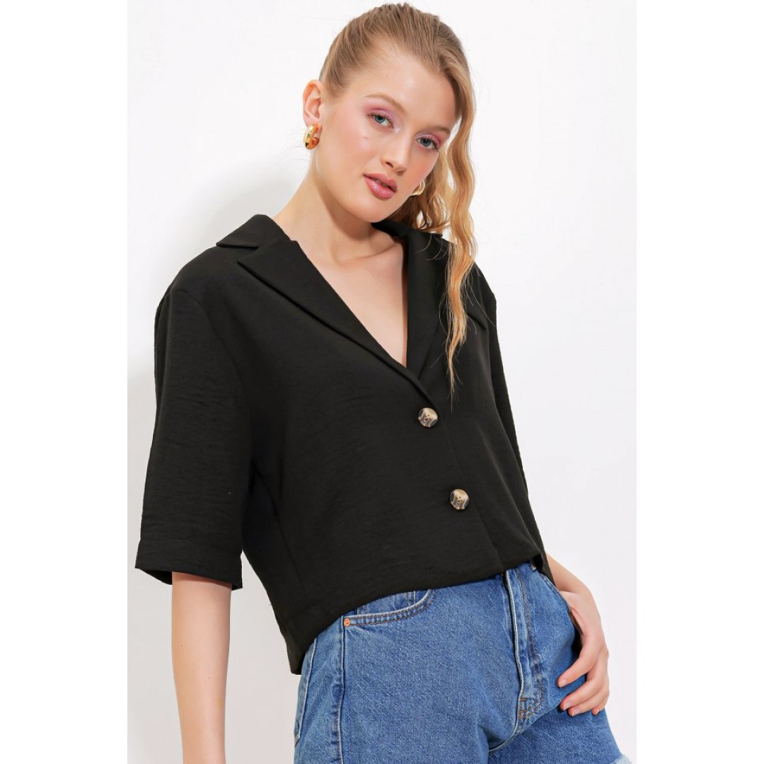 Siyah Çift Düğmeli Oversize Crop Keten Ceket 0706 145199