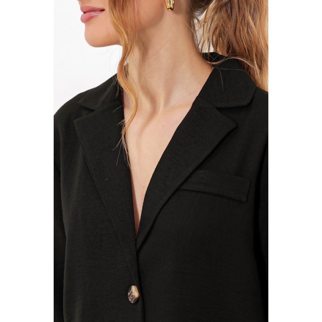 Siyah Çift Düğmeli Oversize Crop Keten Ceket 0706 145199