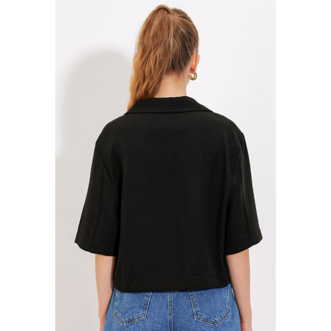 Siyah Çift Düğmeli Oversize Crop Keten Ceket 0706 145199