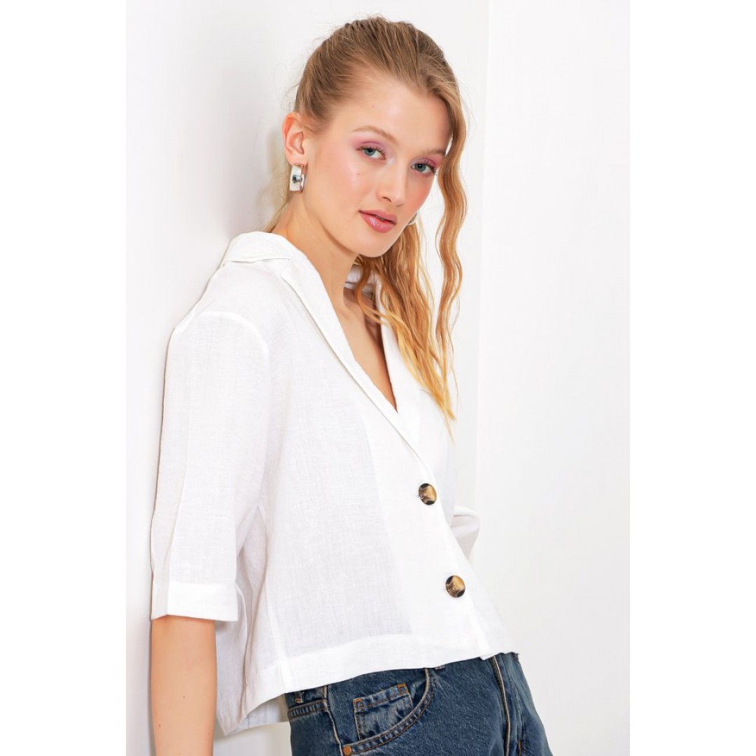 Beyaz Çift Düğmeli Oversize Crop Keten Ceket 0706 - 145200 Beyaz Çift Düğmeli Oversize Crop Keten Ceket 0706 - 145200