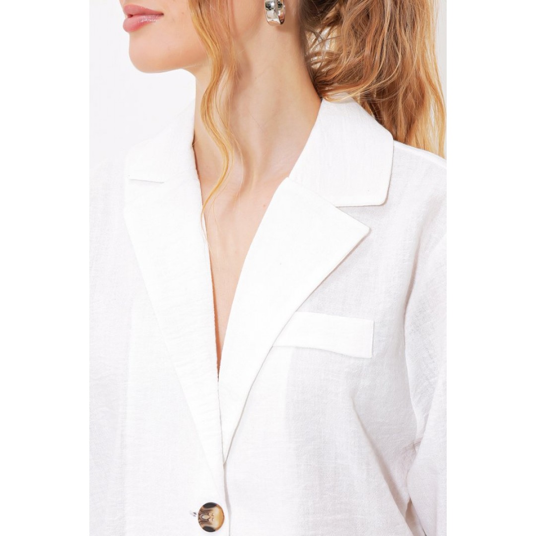 Beyaz Çift Düğmeli Oversize Crop Keten Ceket 0706 - 145200 Beyaz Çift Düğmeli Oversize Crop Keten Ceket 0706 - 145200