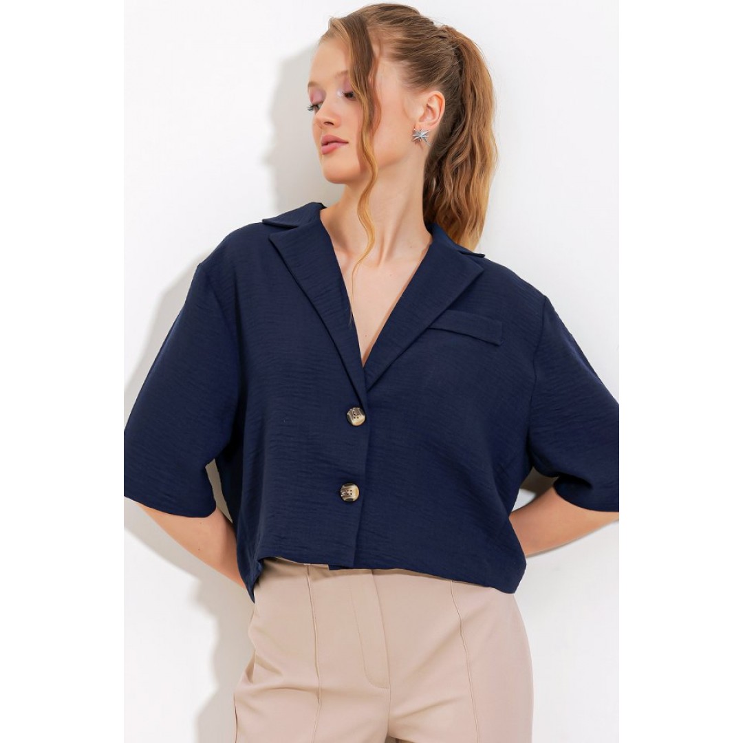 Lacivert Çift Düğmeli Oversize Crop Keten Ceket 0706 145201 Lacivert Çift Düğmeli Oversize Crop Keten Ceket 0706 145201