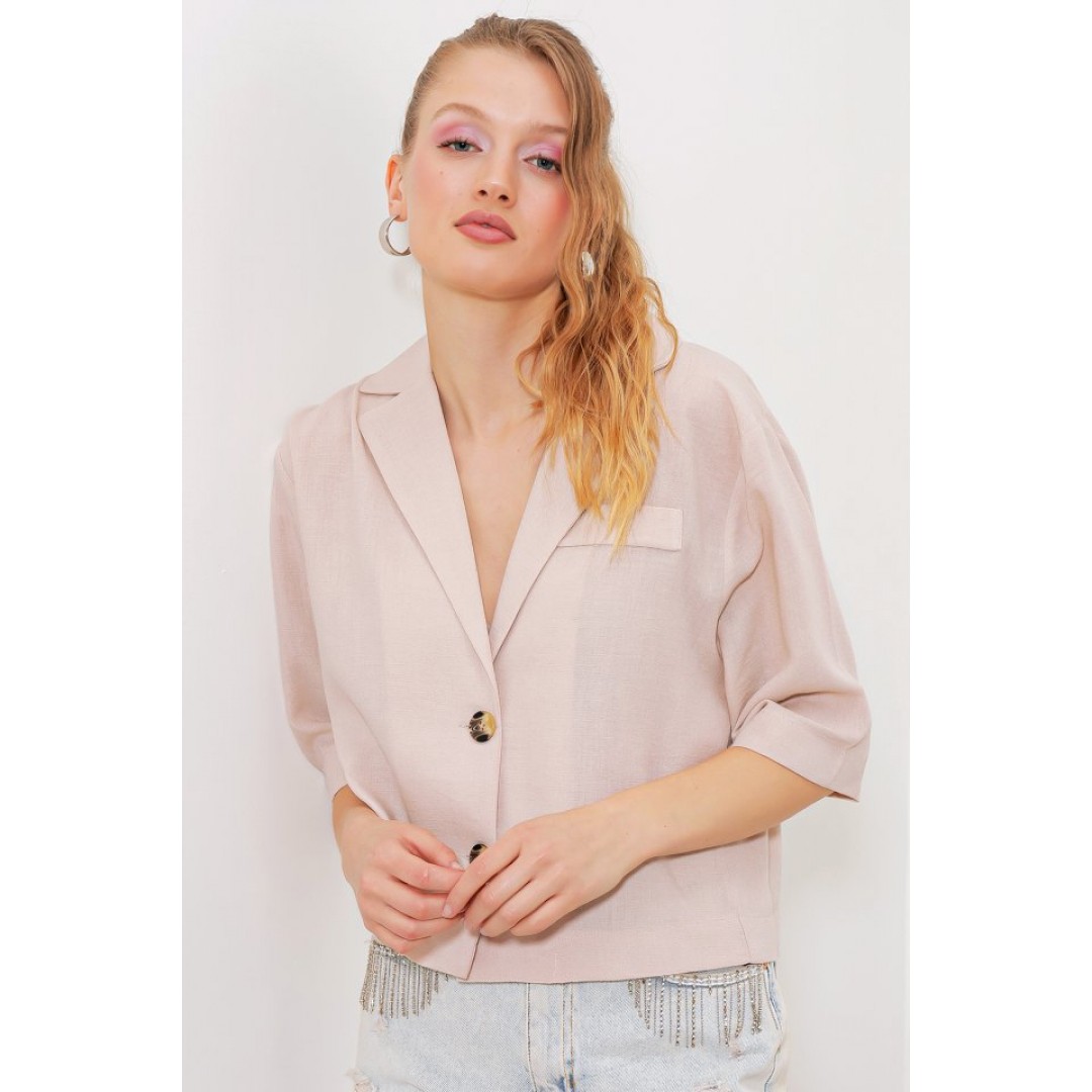 Krem Çift Düğmeli Oversize Crop Keten Ceket 0706 145202
