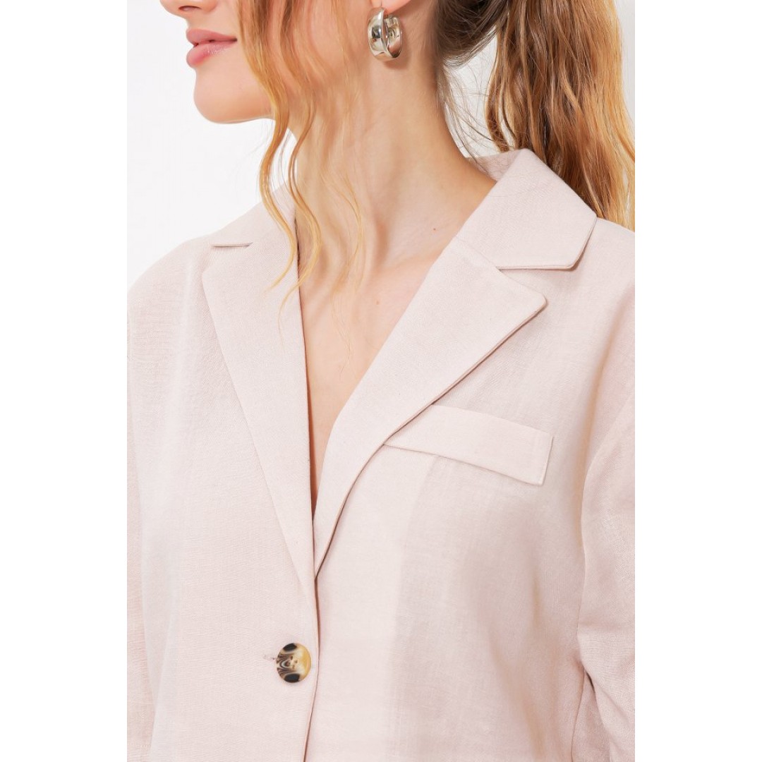 Krem Çift Düğmeli Oversize Crop Keten Ceket 0706 145202