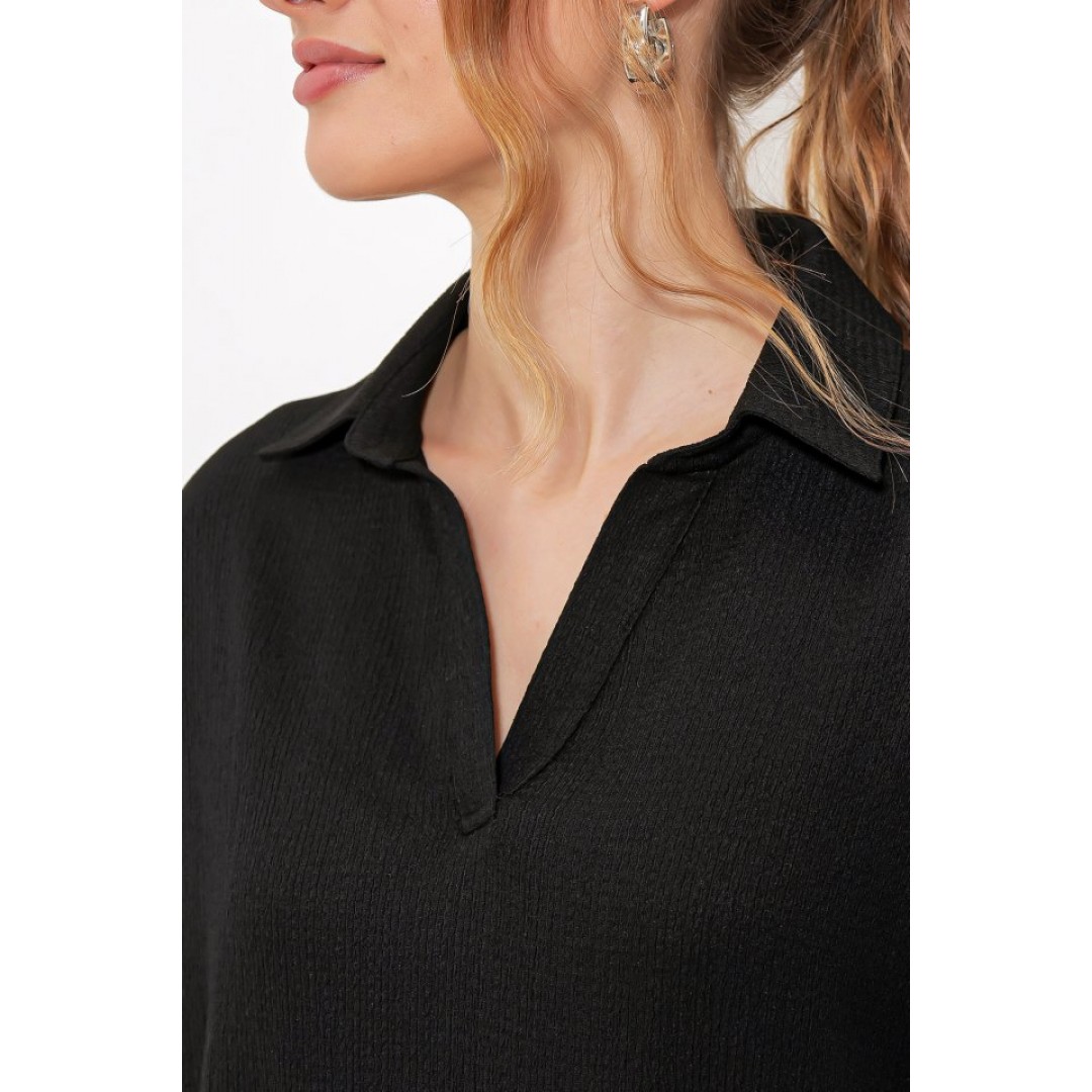 Siyah Oversize Polo Yaka Örme Bluz 0486 145203 Siyah Oversize Polo Yaka Örme Bluz 0486 145203
