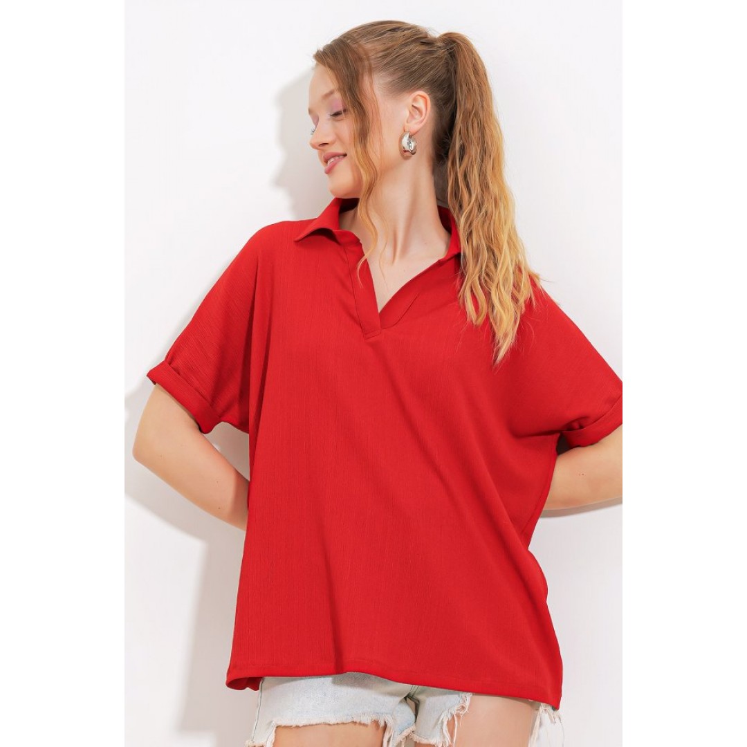 Kırmızı Oversize Polo Yaka Örme Bluz 0486 145205 Kırmızı Oversize Polo Yaka Örme Bluz 0486 145205