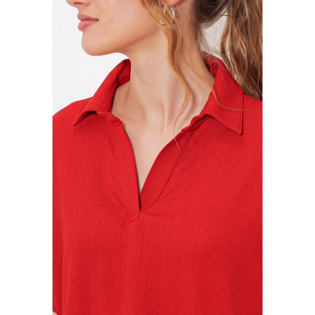 Kırmızı Oversize Polo Yaka Örme Bluz 0486 145205 Kırmızı Oversize Polo Yaka Örme Bluz 0486 145205