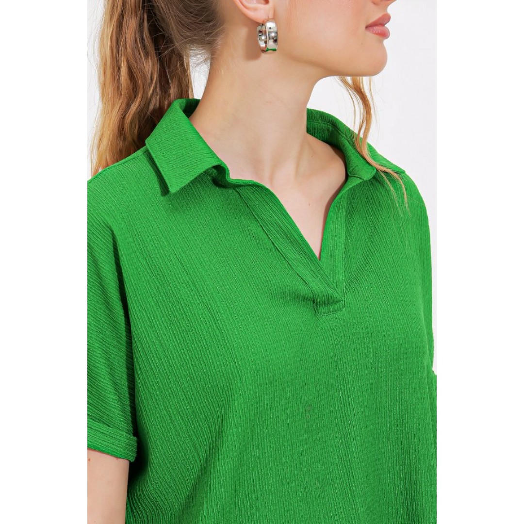 Yeşil Oversize Polo Yaka Örme Bluz 0486 145206 Yeşil Oversize Polo Yaka Örme Bluz 0486 145206