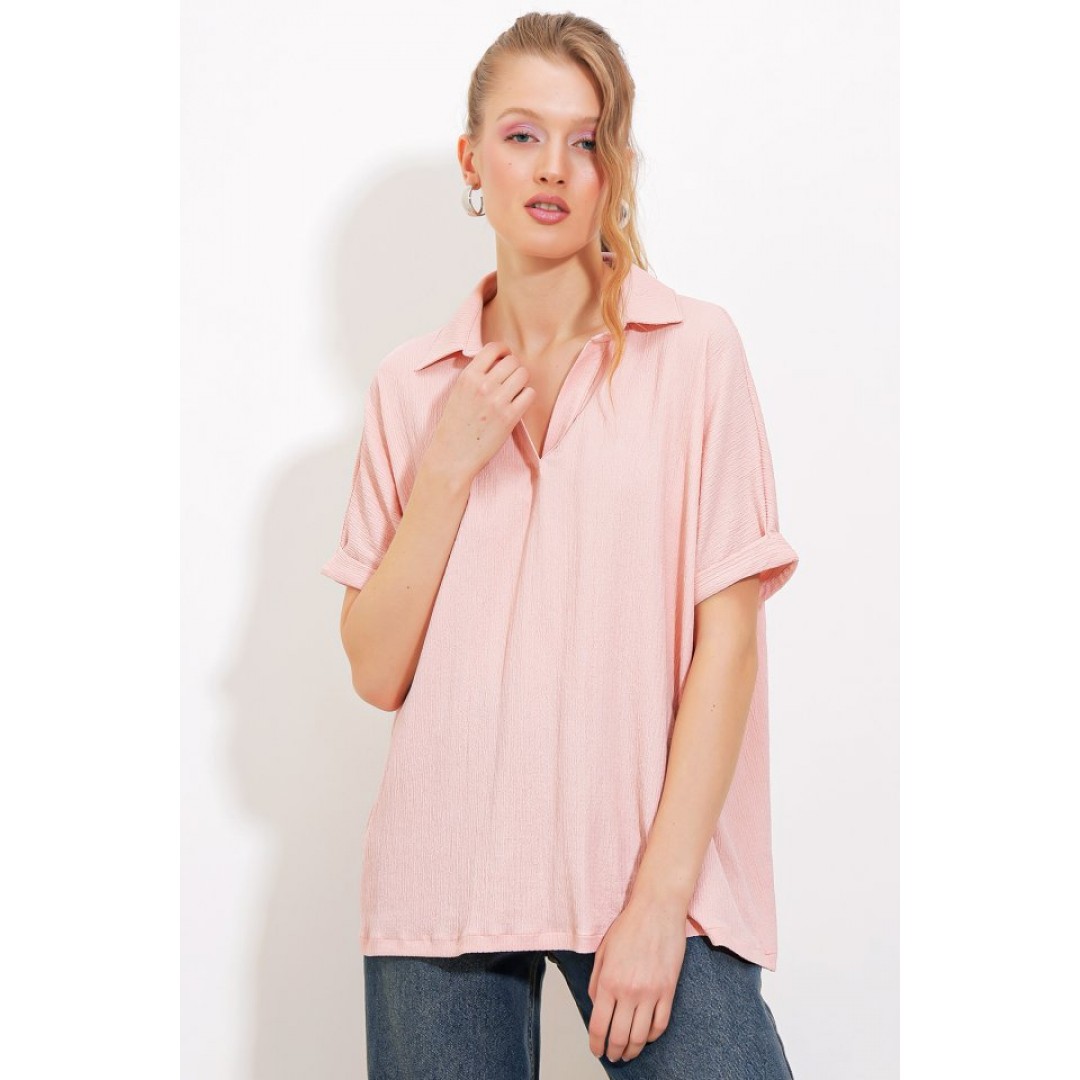 Pudra Oversize Polo Yaka Örme Bluz 0486 145207 Pudra Oversize Polo Yaka Örme Bluz 0486 145207