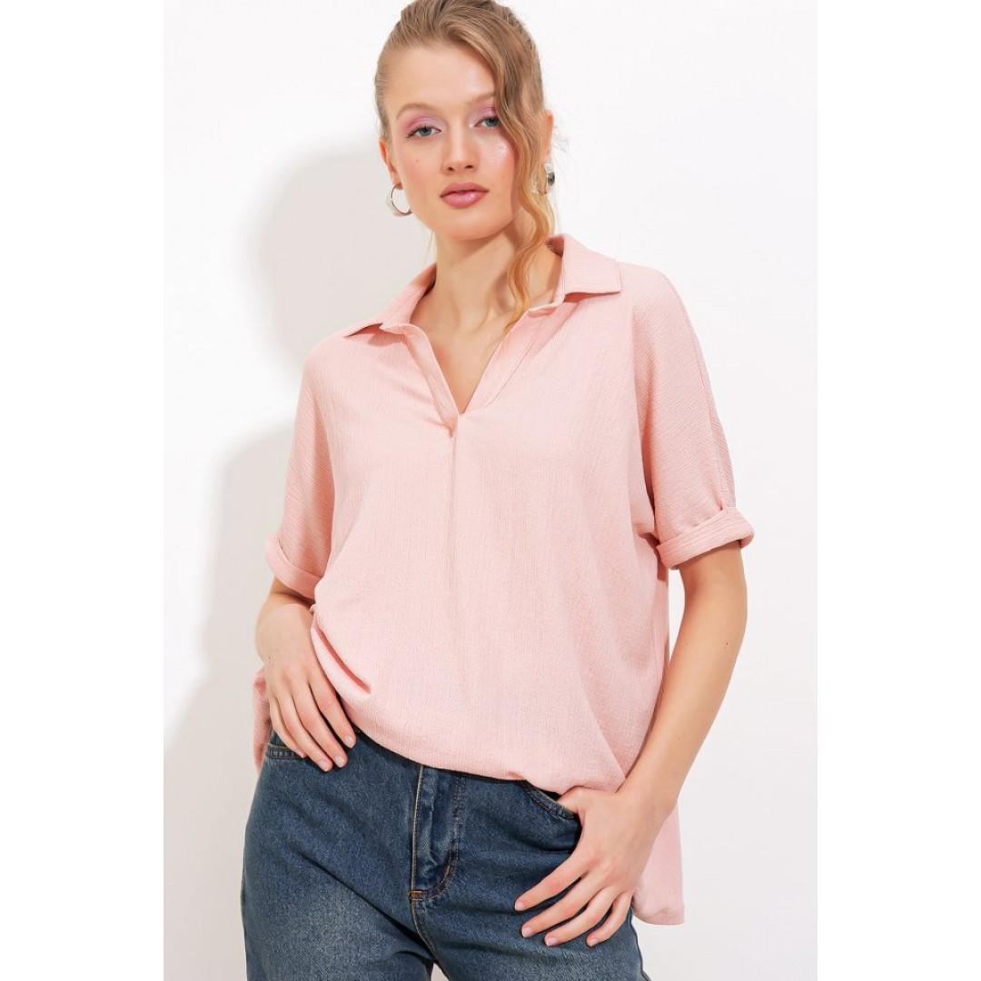 Pudra Oversize Polo Yaka Örme Bluz 0486 145207 Pudra Oversize Polo Yaka Örme Bluz 0486 145207