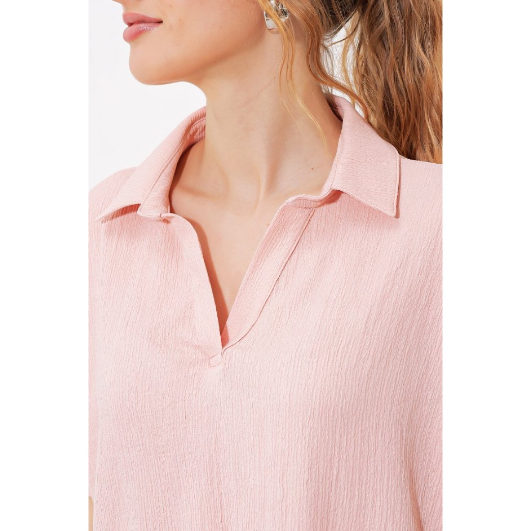 Pudra Oversize Polo Yaka Örme Bluz 0486 145207 Pudra Oversize Polo Yaka Örme Bluz 0486 145207