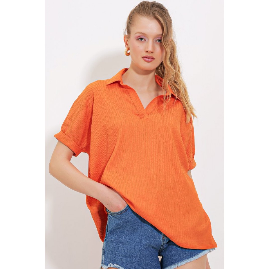 Turuncu Oversize Polo Yaka Örme Bluz 0486 145209 Turuncu Oversize Polo Yaka Örme Bluz 0486 145209