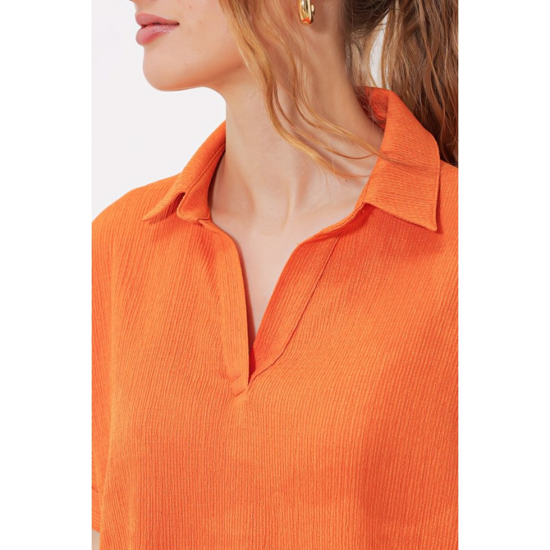 Turuncu Oversize Polo Yaka Örme Bluz 0486 145209 Turuncu Oversize Polo Yaka Örme Bluz 0486 145209