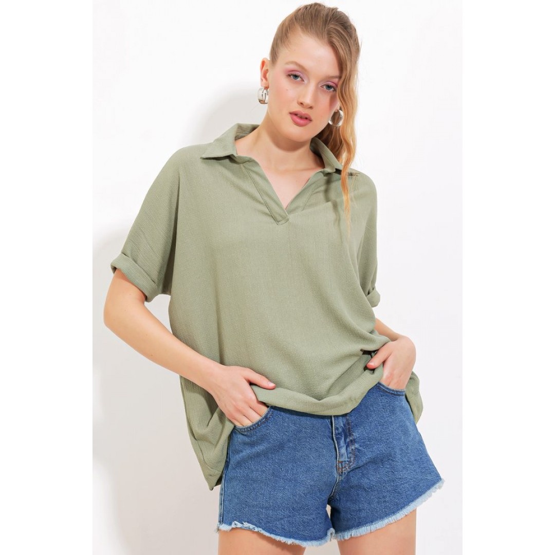 Çağla Oversize Polo Yaka Örme Bluz 0486