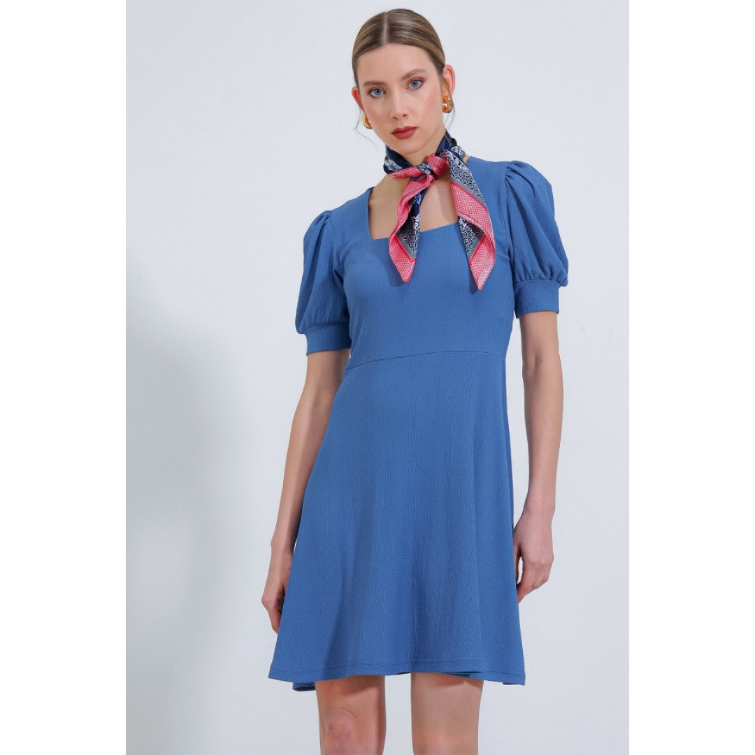 İndigo Kare Yaka Örme Mini Elbise - 145215 İndigo Kare Yaka Örme Mini Elbise - 145215