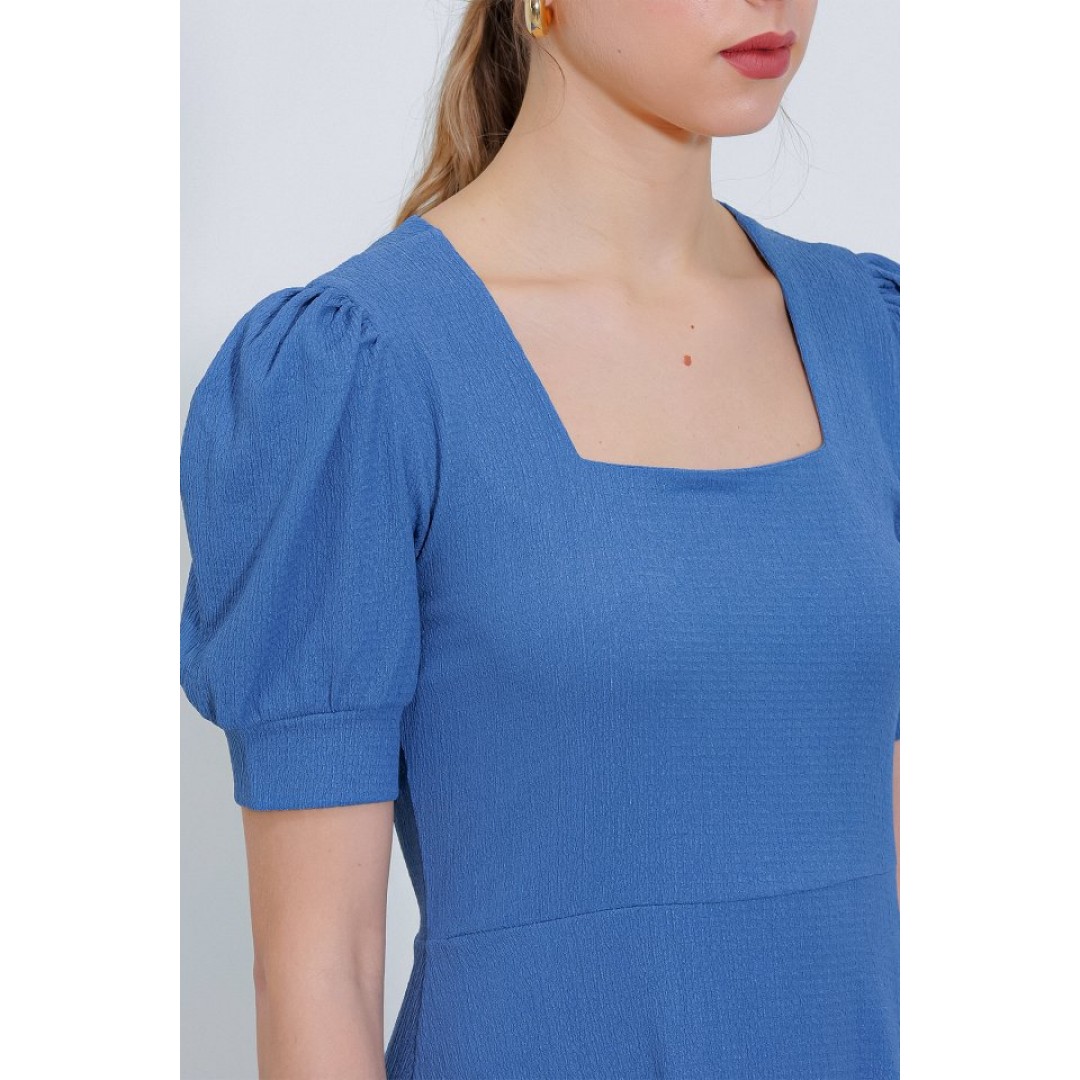 İndigo Kare Yaka Örme Mini Elbise - 145215 İndigo Kare Yaka Örme Mini Elbise - 145215