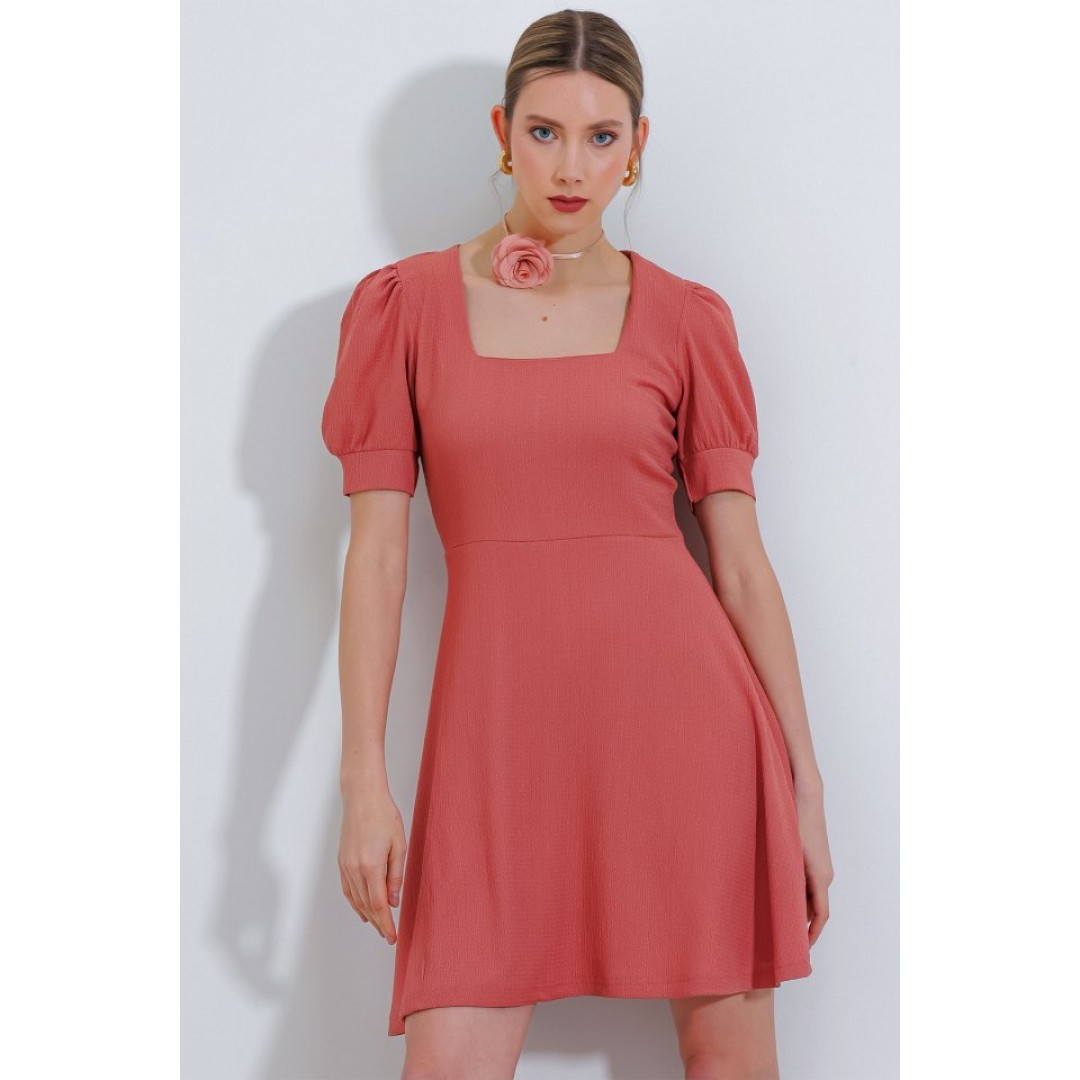 Gül Kurusu Kare Yaka Örme Mini Elbise - 145216 Gül Kurusu Kare Yaka Örme Mini Elbise - 145216