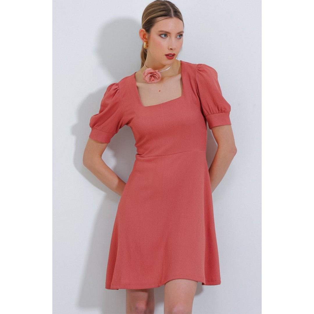 Gül Kurusu Kare Yaka Örme Mini Elbise - 145216 Gül Kurusu Kare Yaka Örme Mini Elbise - 145216