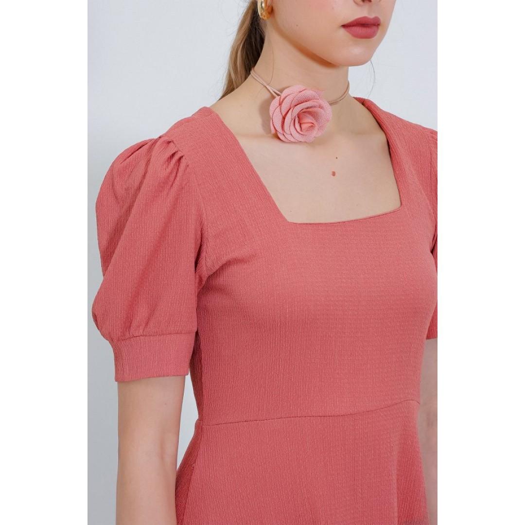 Gül Kurusu Kare Yaka Örme Mini Elbise - 145216 Gül Kurusu Kare Yaka Örme Mini Elbise - 145216