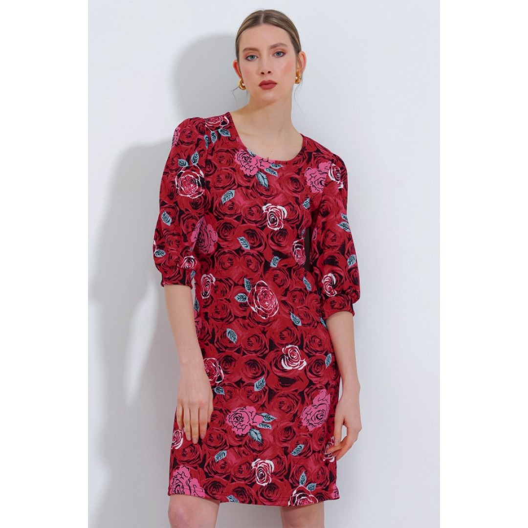 Bordo Gül Desenli Midi Elbise 2477 - 145225 Bordo Gül Desenli Midi Elbise 2477 - 145225