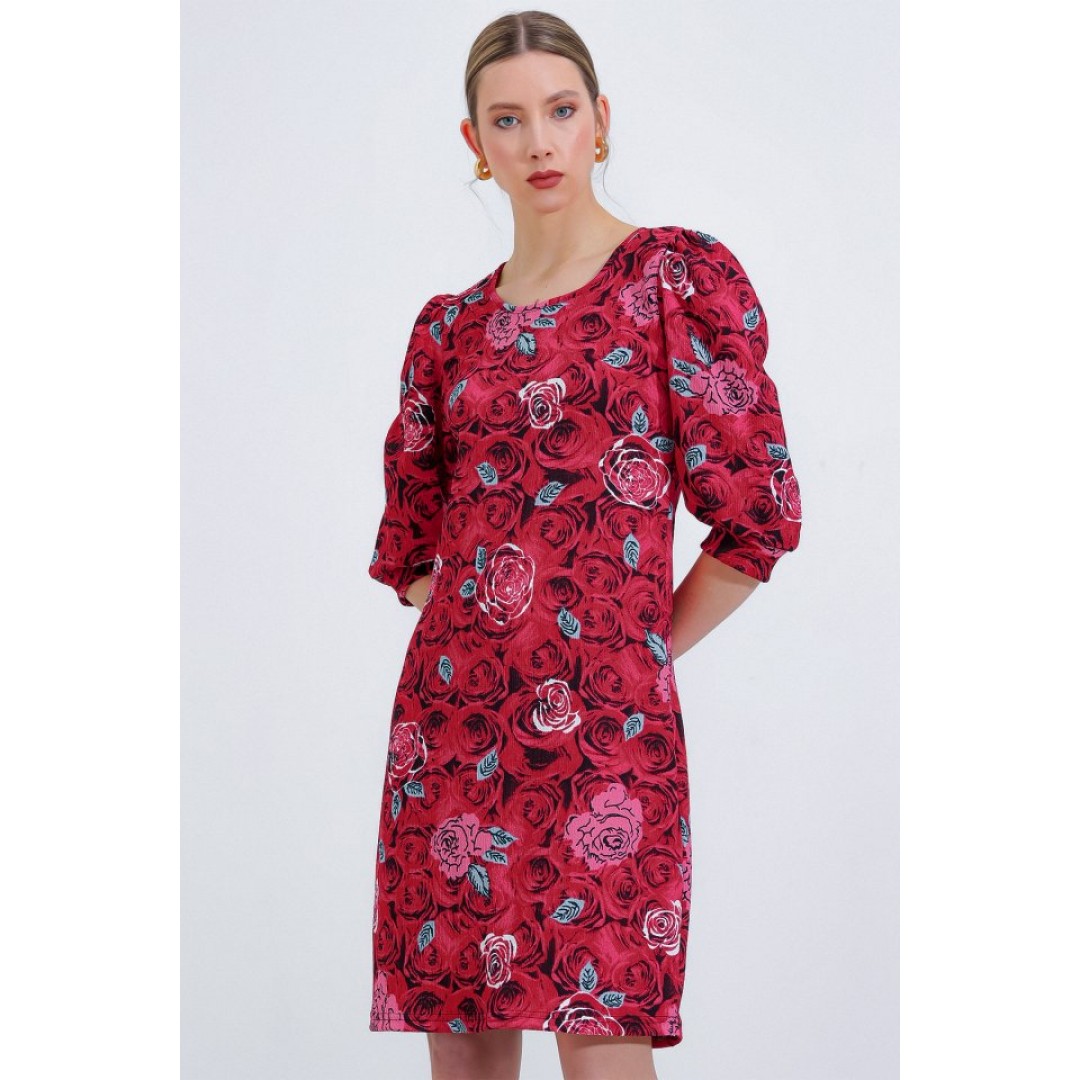 Bordo Gül Desenli Midi Elbise 2477 - 145225 Bordo Gül Desenli Midi Elbise 2477 - 145225