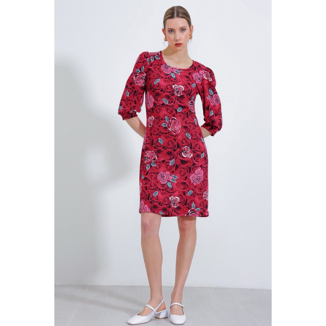 Bordo Gül Desenli Midi Elbise 2477 - 145225 Bordo Gül Desenli Midi Elbise 2477 - 145225