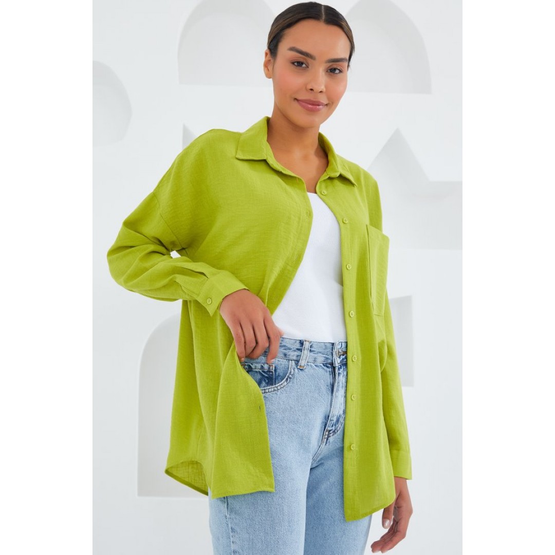 20153 Tek Cepli Oversize Keten Gömlek - Yağ Yeşil 145252 20153 Tek Cepli Oversize Keten Gömlek - Yağ Yeşil 145252