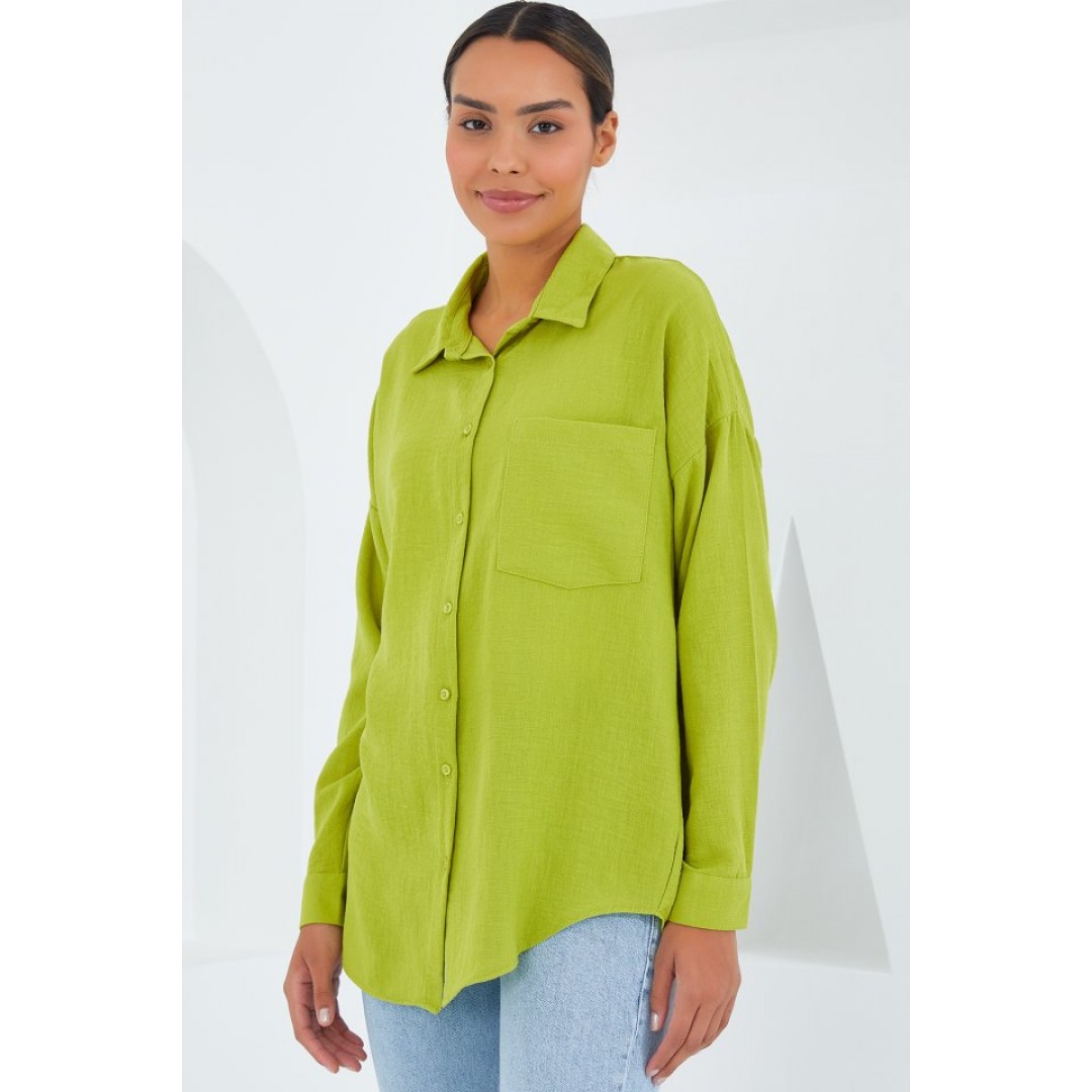 20153 Tek Cepli Oversize Keten Gömlek - Yağ Yeşil 145252 20153 Tek Cepli Oversize Keten Gömlek - Yağ Yeşil 145252