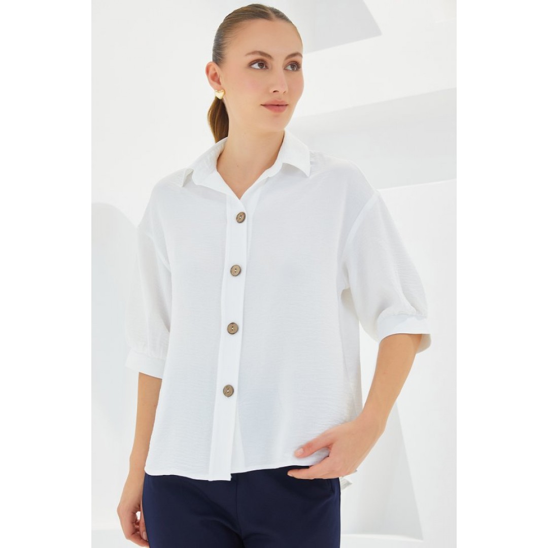 Beyaz Kısa Kol Oversize Keten Gömlek 20240 - 145255