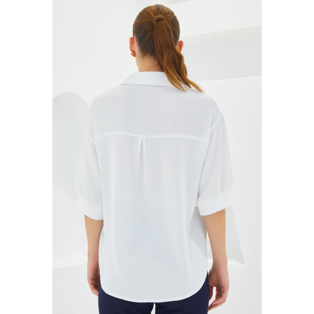 Beyaz Kısa Kol Oversize Keten Gömlek 20240 - 145255