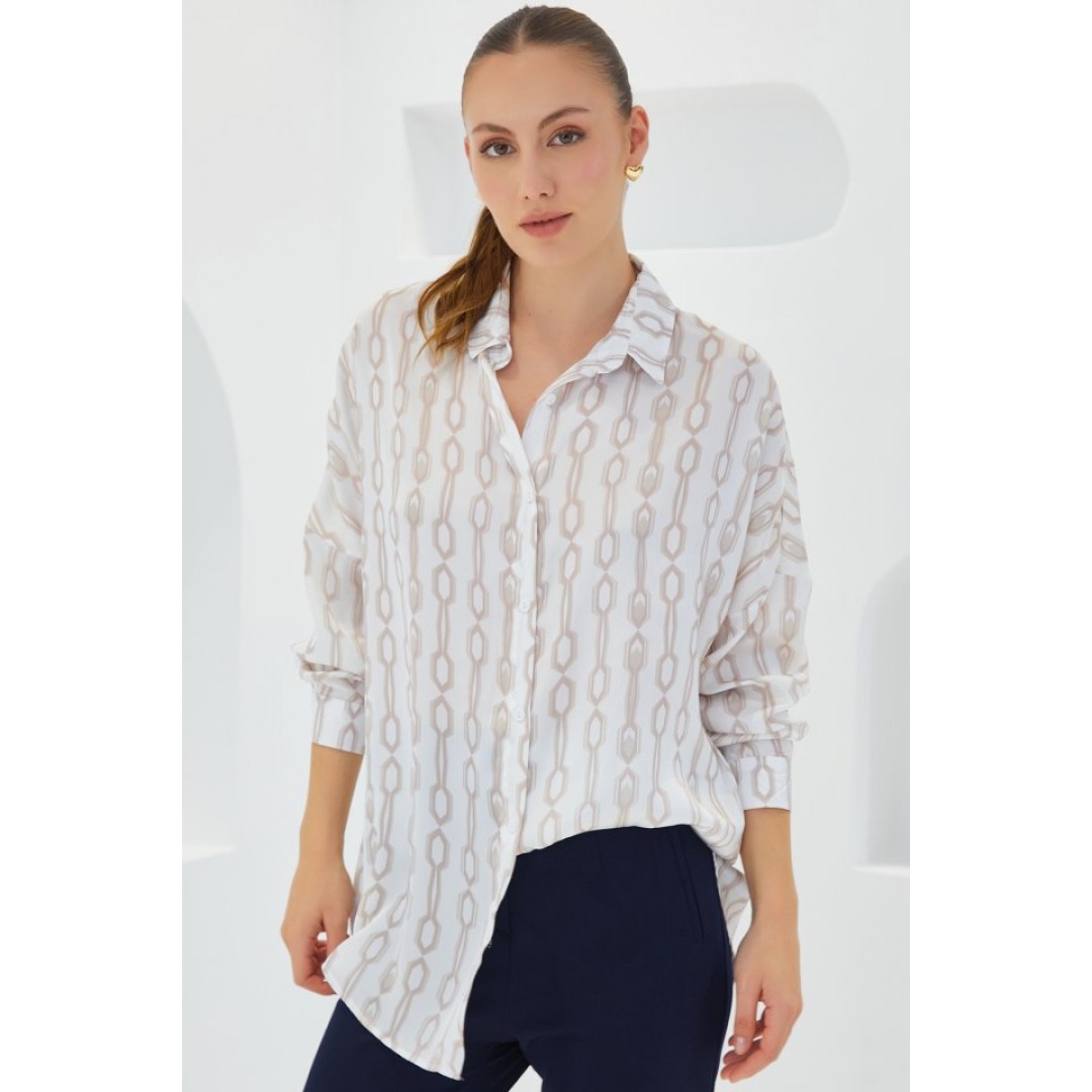 Bej Beyaz Desenli Oversize Saten Gömlek 3985 - 145269 Bej Beyaz Desenli Oversize Saten Gömlek 3985 - 145269