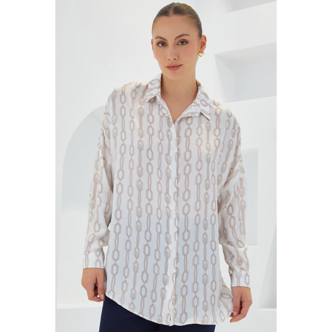 Bej Beyaz Desenli Oversize Saten Gömlek 3985 - 145269 Bej Beyaz Desenli Oversize Saten Gömlek 3985 - 145269