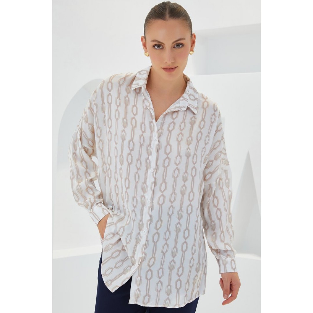 Bej Beyaz Desenli Oversize Saten Gömlek 3985 - 145269 Bej Beyaz Desenli Oversize Saten Gömlek 3985 - 145269