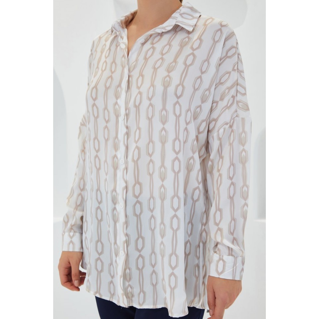 Bej Beyaz Desenli Oversize Saten Gömlek 3985 - 145269 Bej Beyaz Desenli Oversize Saten Gömlek 3985 - 145269
