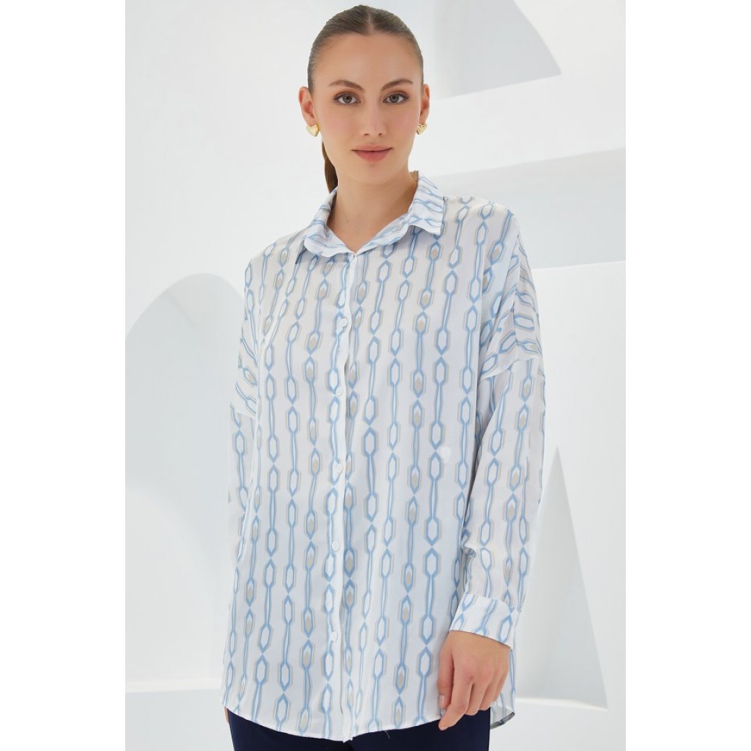 Turkuaz Beyaz Desenli Oversize Saten Gömlek 3985 145270