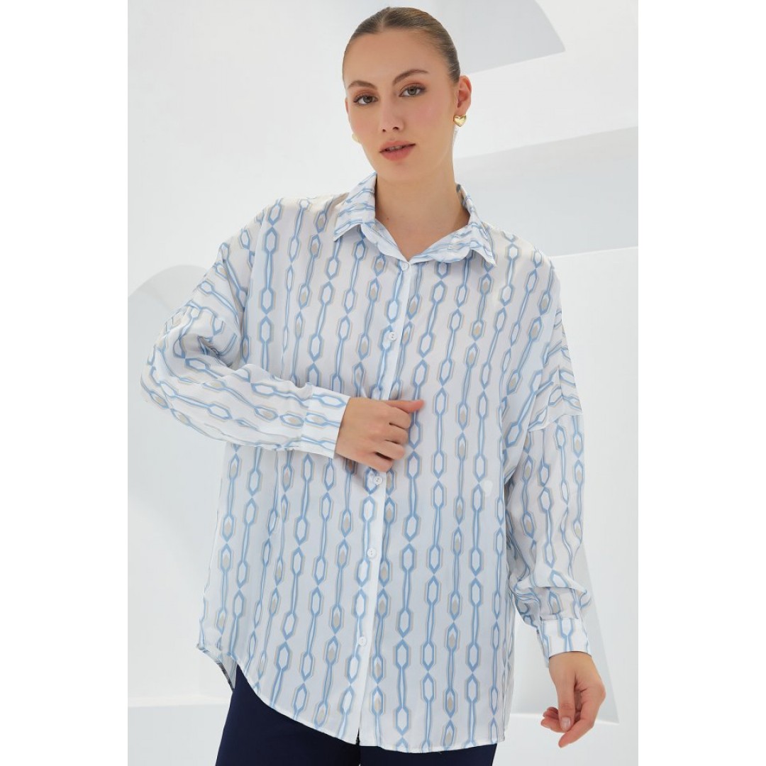 Turkuaz Beyaz Desenli Oversize Saten Gömlek 3985 145270