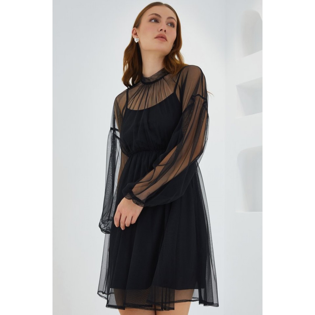 Siyah Tül Detaylı Mini Elbise 2485 145275 Siyah Tül Detaylı Mini Elbise 2485 145275