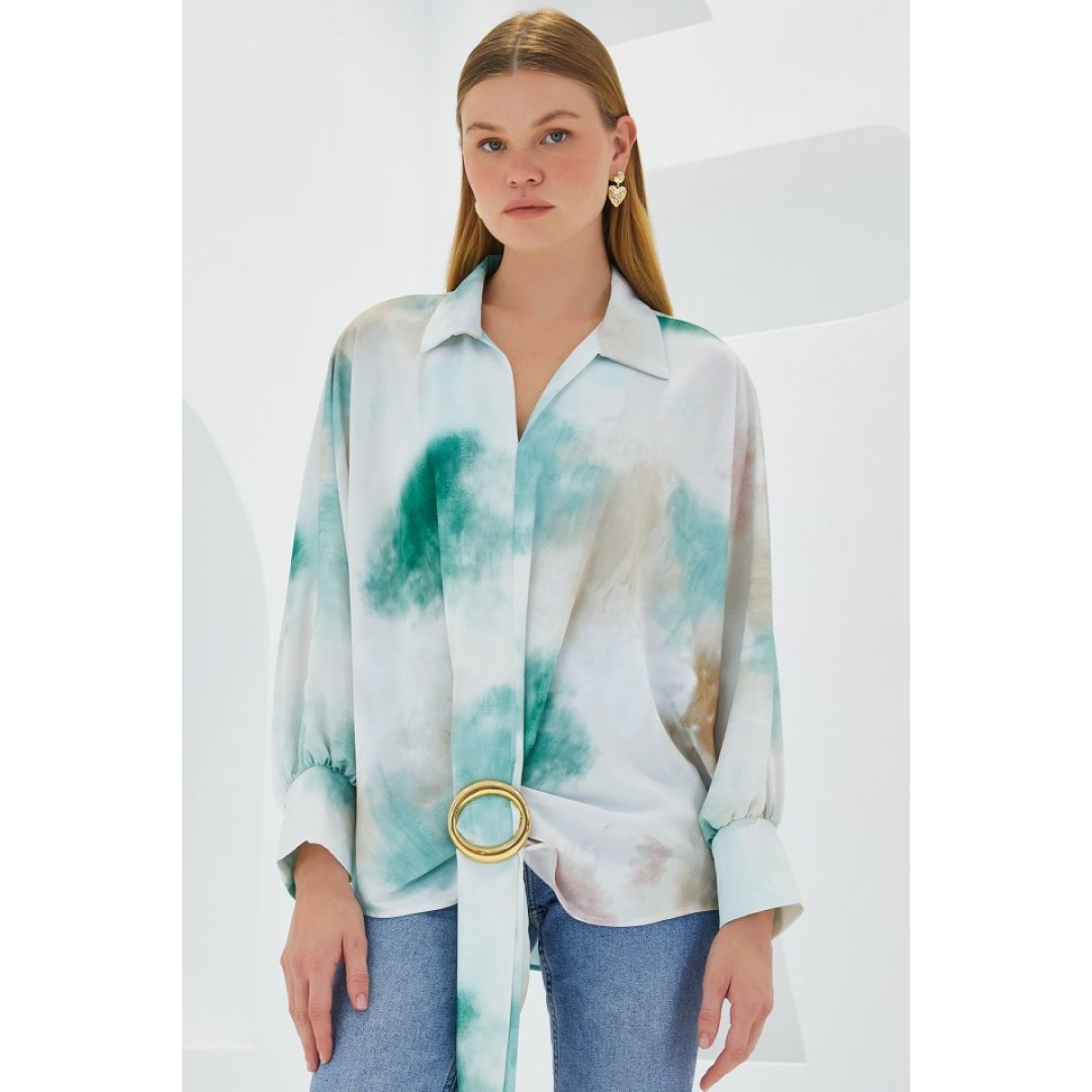 Yeşil Ekru Oversize Dökümlü Saten Gömlek 907