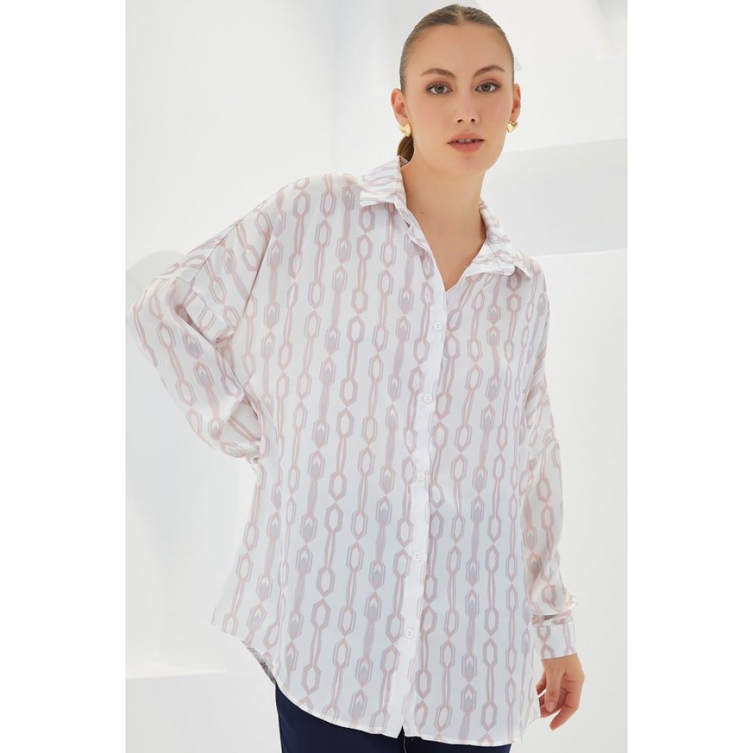 Pudra Beyaz Desenli Oversize Saten Gömlek 3985 145281 Pudra Beyaz Desenli Oversize Saten Gömlek 3985 145281